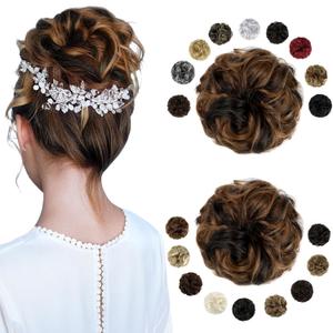 FELENDY 2PCS Messy Bun Hair Piece Large Wavy Curly Elastic Hair Bun Scrunchies Fluffy Thick Donut Chignon Hairpieces Updo Extensions Dark Brown Mix Light Auburn