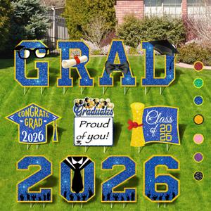 Graduation Decorations 2026 Blue and Gold, 11 Pcs Graduation Yard Signs Class of 2026, 15" Large Shimmering Grad Signs for Lawn Garden Pathway, High School College Grad Party Decor Outdoor