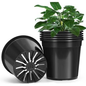 6 Pack 5 Gallon Pots for Plants, 5 Gallon Plastic Nursery Pot with Drainage Holes, Sturdy Plastic Plant Pots for Nursery Garden, Flowers, Succulent Outdoor Indoor (Black, 5 Gal- 6 Pack)