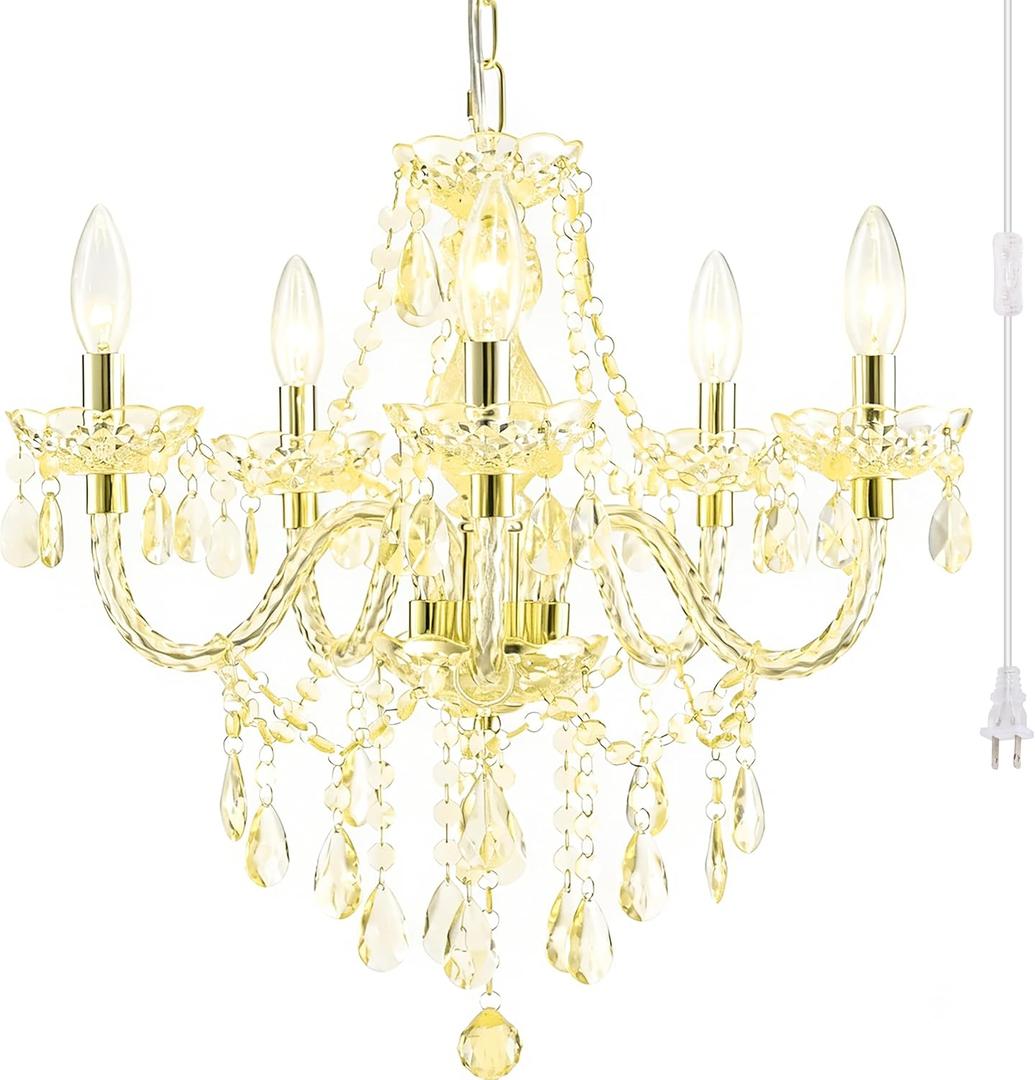 PAPAYA Plug-in 5 Light Gold Crystal Hanging Pendant Lights Acrylic Chandelier with Cord & On/Off Switch H19 D19.7 for Kitchen Island Girls' Room Dining Area Laundry Pavilion