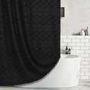 Extra Long Black Woven Fabric Boho Shower Curtain with Tassels 72 x 80 Modern Farmhouse Minimalist, Tufted Chevron Textured Striped Shabby Chic, Water Resistant Cloth Curtain for Bathroom, Hotel Decor