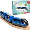 Battery Operated Action Locomotive Toy Train Set for Wooden Tracks, (Magnetic)-Compatible with Thomas The Train Toys, Brio Tram Set for Toddlers 3-5 and up, Stocking Stuffers for Kids (Blue)