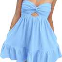 Meladyan Womens Twist Knot Bandeau Tube Dress Solid Strapless Backless Mini Dresses Summer Hollow Ruffle Beach Dress (Large, Blue)