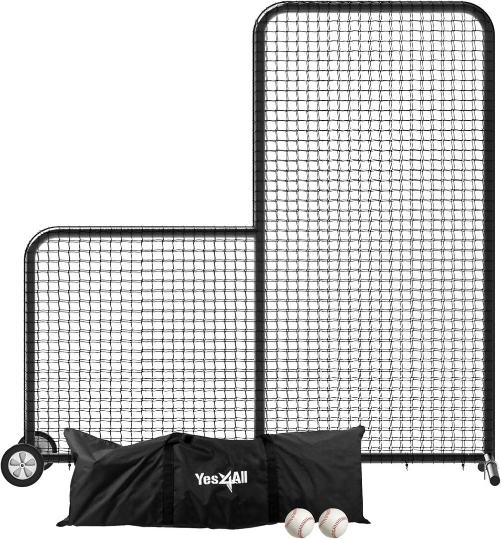 Anova L Screen Baseball Net for Batting and Pitching with 2 Basic Baseballs and Carry Bag Included, Baseball & Softball Screen, 7x7ft with Wheels Pitching Net, Black