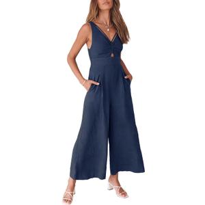 ANRABESS Women's Jumpsuits Summer Wide Leg Sleeveless V Neck Casual Dressy Linen Pants Rompers 2025 Vacation Beach Outfits (Small, Blue)
