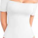 MANGOPOP Women's Off The Shoulder Long Sleeve Short Sleeve Bodysuit Sexy Backless Body Suit Tops (Medium)