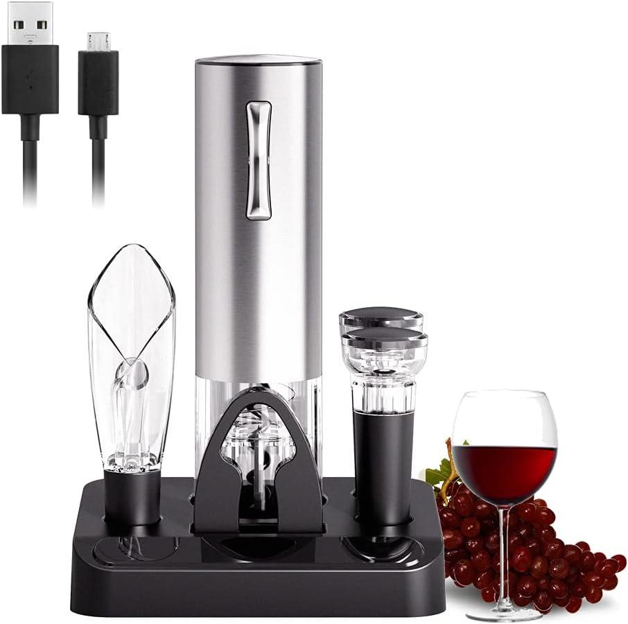 COKUNST Electric Liquor Opener Set with Stand, USB Charging Corkscrew Remover, One-click Button Rechargeable Cordless Bottle Openers with Liquor Pourer, Vacuum Stoppers, Foil Cutter for Home Party Wedding (Silver)