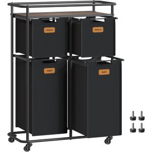 VASAGLE Laundry Sorter, Laundry Hamper with Wheels, 39.6 Gal. (150 L) Portable Rolling Cart Baskets with Shelf, 4 Removable Liners and 6 Labels, Ink Black and Chestnut Brown URLS100B01