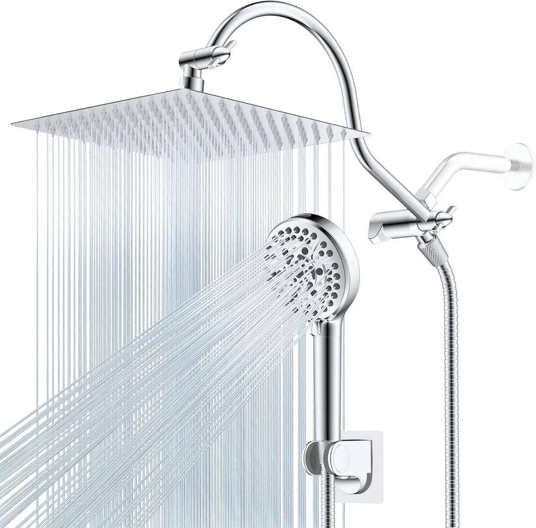 Hibbent 12'' All Metal CUPC Certified Shower Head, High Pressure Rainfall Shower Head, Handheld Showerhead Combo, 12'' Adjustable Shower Extension Arm, 10-Spray, 71'' Hose, Showerhead Holder, Chrome