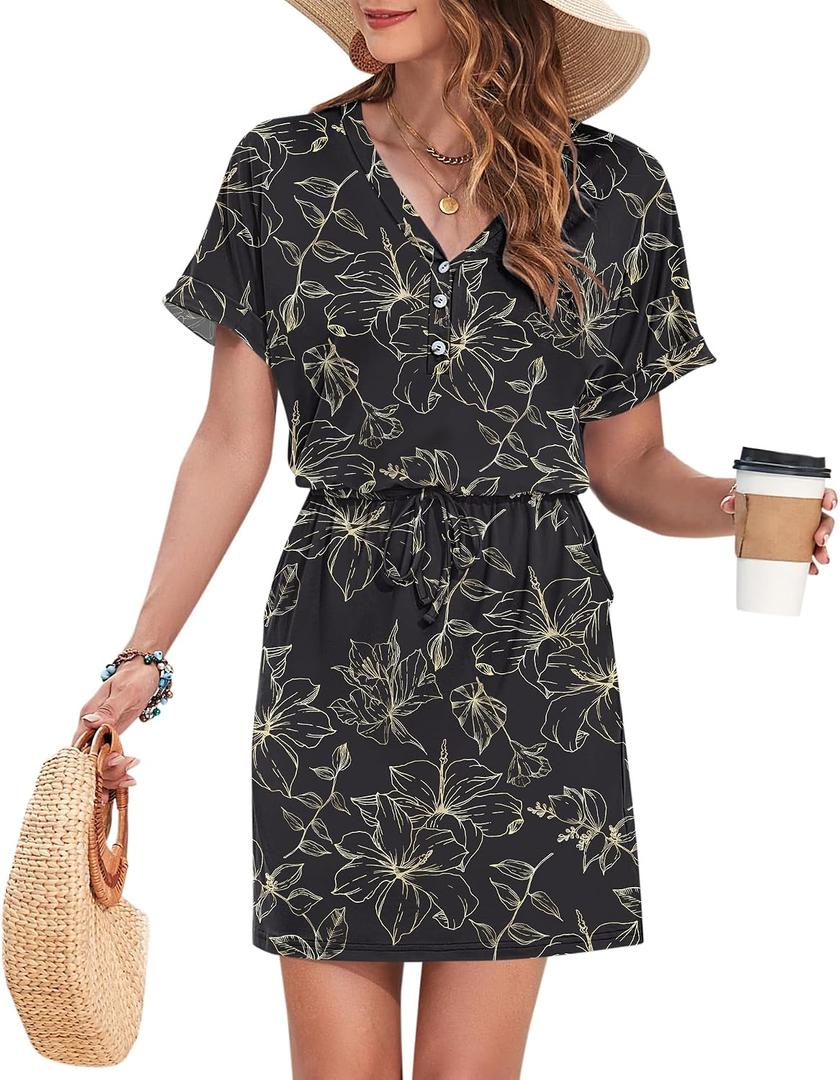 AUSELILY Womens Summer Dress 2026 Casual Short Sleeve Sundress V Neck Tie Button Beach Swing Dresses with Pockets (M)