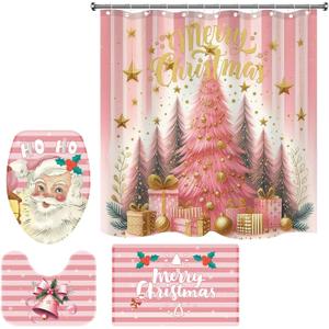 4 Pieces Santa Christmas Shower Curtain Set 72 x 72 in Winter Holiday Party Christmas Bathroom Curtain