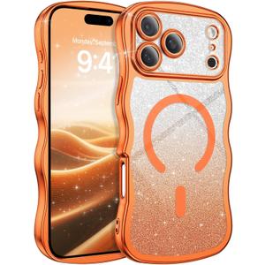 2 x BENTOBEN for iPhone 17 Pro Case Clear, [Compatible with MagSafe][Full Camera Protection][Cute Wave Frame][DIY Glitter Cardstock] Electroplated Wavy Shockproof 17Pro Phone Case 6.3", Cosmic Orange
