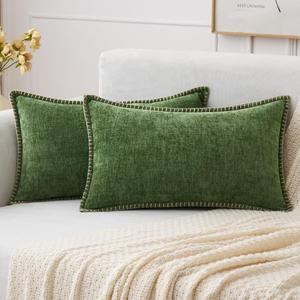 MIULEE Pack of 2 Lumbar Throw Pillow Covers 12x20 Inch Moss Green Farmhouse Decorative Pillow Covers with Stitched Edge Soft Chenille Solid Dyed Pillow Covers for Couch Sofa Bed Living Room