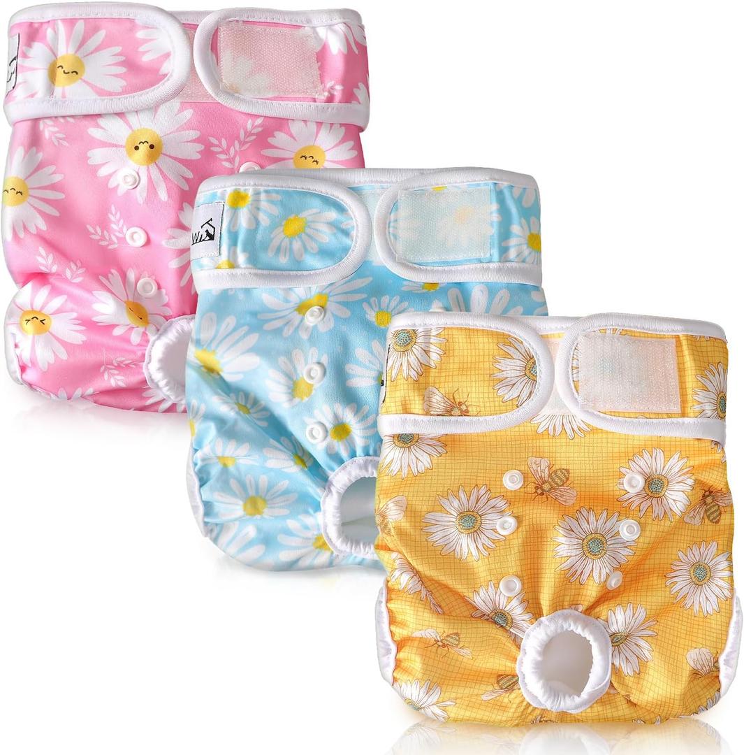 SlowTon Washable Dog Diapers Female - 3 Pack No Leak Reusable Doggie Puppy Diaper with Adjustable Buttons, Comfortable Female Dog Diapers for Heat Cycle Period Small Medium Large Dogs (XS) (X-SmallNewborn-9''Waist), A.Daisy)