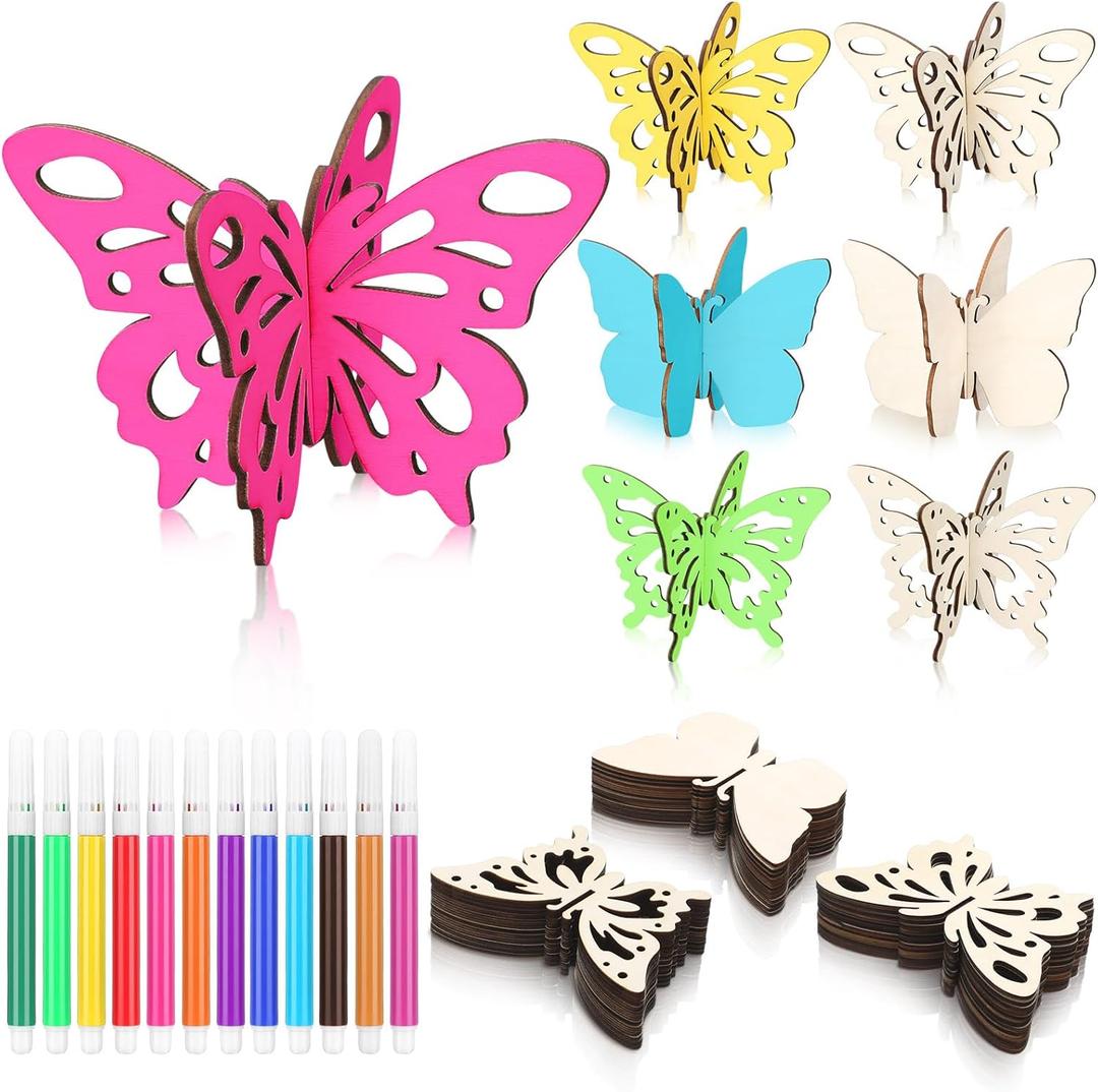 Blosssound 48 Pcs Spring Crafts Set 36 Wood Butterfly for Crafts 3D Butterfly Cutouts with 12 Colored Pens Wooden Unfinished Slices for Painting Summer Tiered Tray Tabletop Decor DIY Handmade