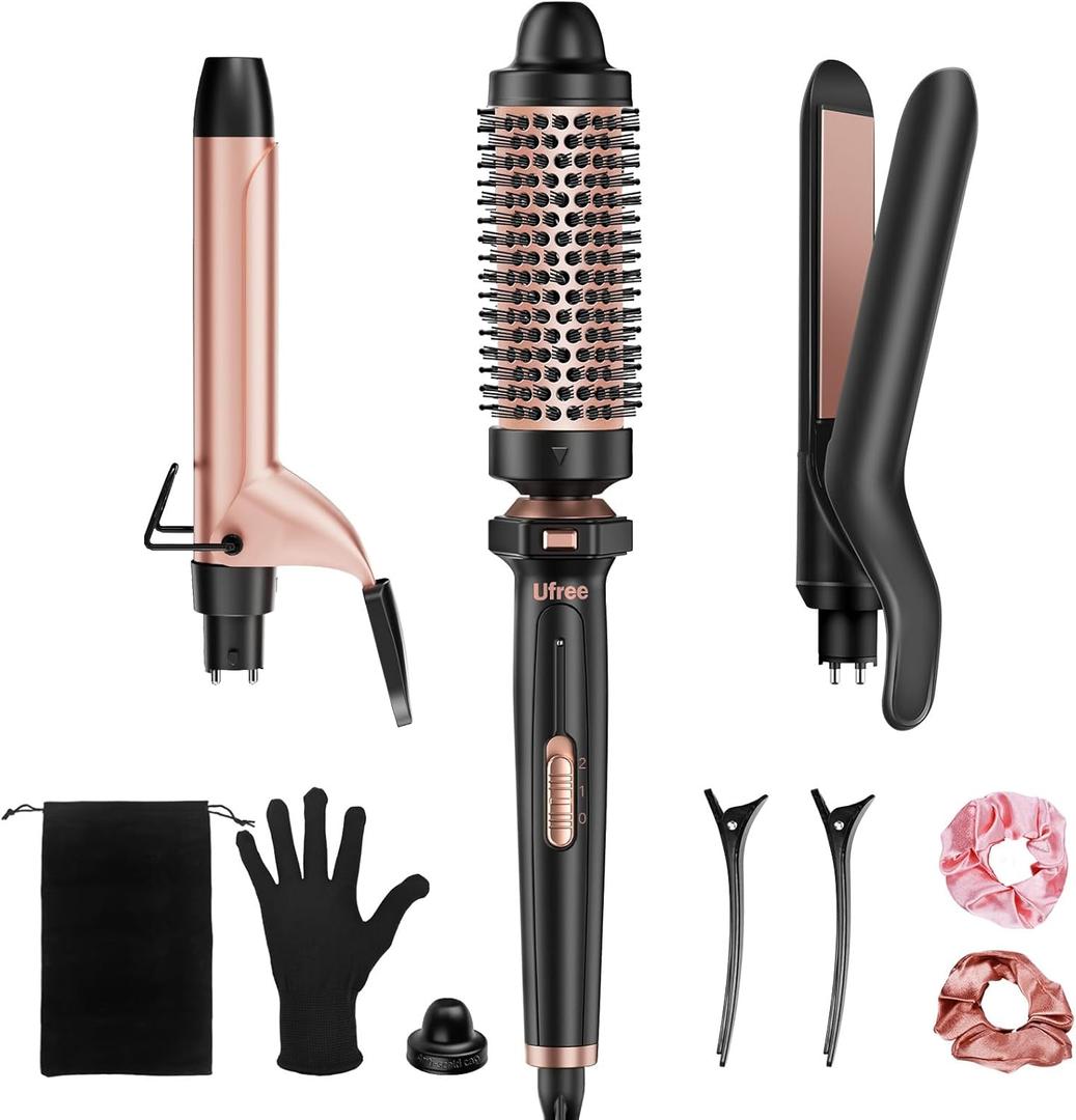 Ufree 3 in 1 Curling Iron, Curling Wand Set with Thermal Brush Flat Iron Hair Straightener, Dual Voltage Wand Curler, Instant Heat Up Hair Curler, Include Protective Glove 2 Clips, Gifts for Women