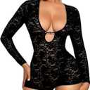 OYOANGLE Women's Long Sleeve Low Cut Floral Lace Romper Y2K Going Out Skinny Short Jumpsuits (Large, Black)