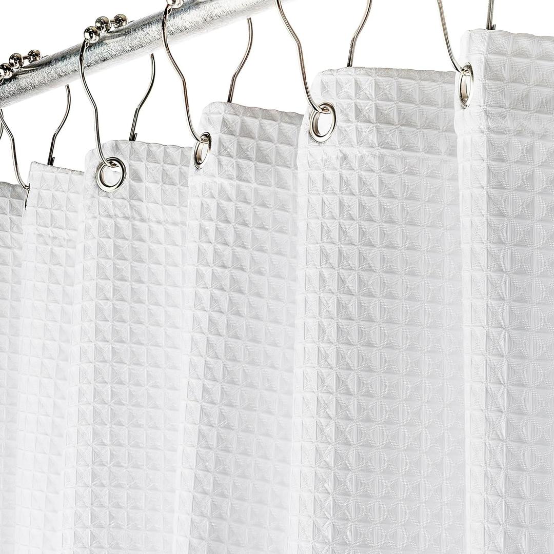 Creative Scents Fabric White Shower Curtain for Bathroom - 60" x 72" Spa, Hotel Luxury Matt Waffle Weave Square Design, Water Repellent, 230 GSM Weighty Cloth, for Decorative Bathroom Curtains
