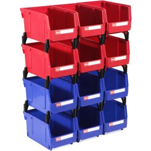 Stackable Storage Bins 12 Pack (7x5x4 Inch), Plastic Stackable Storage Organizer Bins Wall Mounted Hanging Small Parts Bin for Garage, Workbench & Office (Blue & Red)