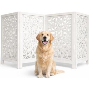 Free Standing Dog Gate 4 Panel Foldable Wooden pet gate Indoor 72" W x 24" H, Hand-Carved Solid Wood & MDF, Portable Indoor Gate for Doorways, Halls, Stairs Fully Assembled, Antique White