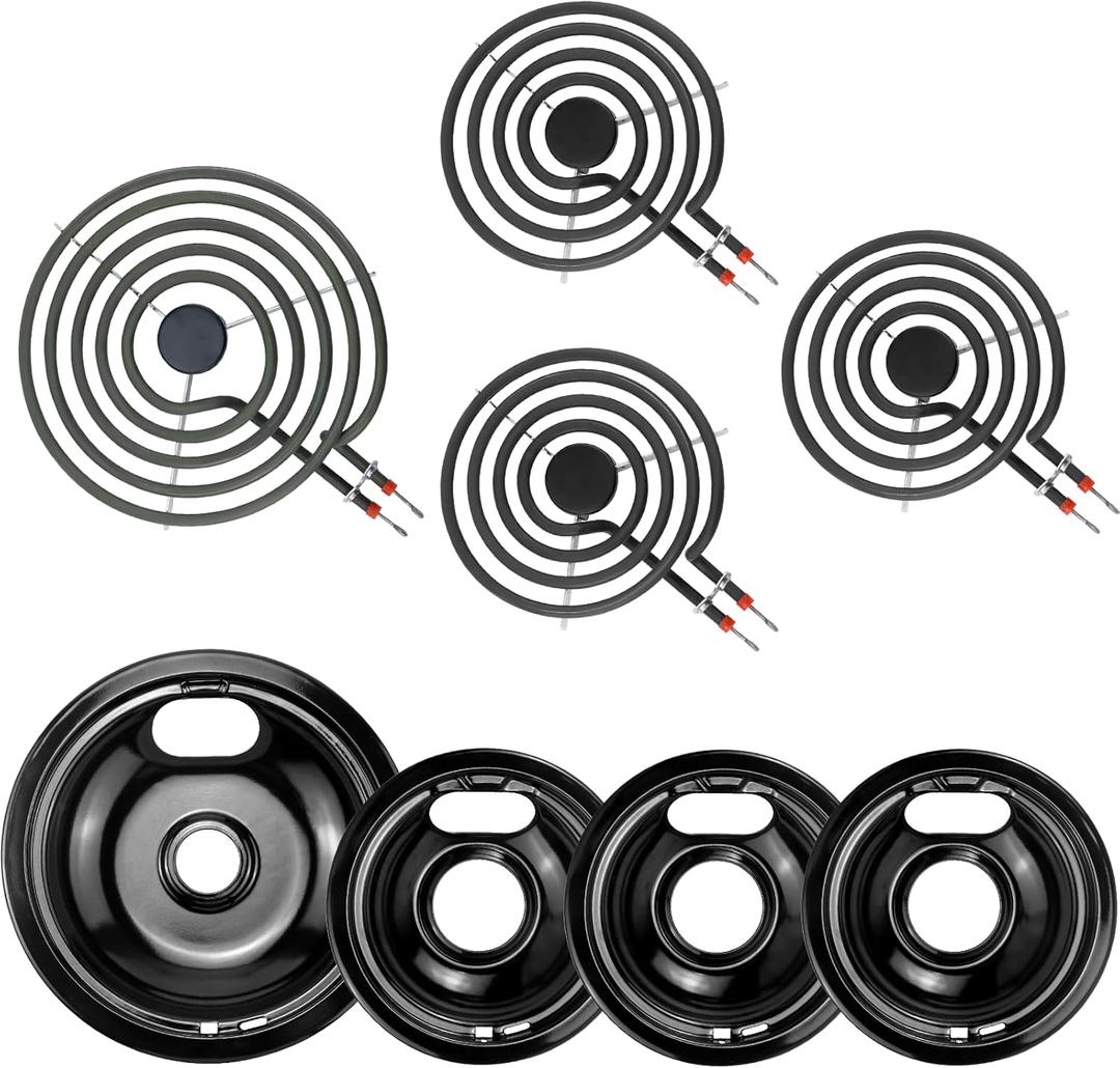 Electric Stove Burner Drip Pans,Stove Burner Covers W10290353(6") W10290350(8")+Electric Stove Burner Replacement MP15YA(6") MP21YA(8") Compatible for Whirl-pool Ken-more May-tag Ama-na etc by MIFLUS (Black)