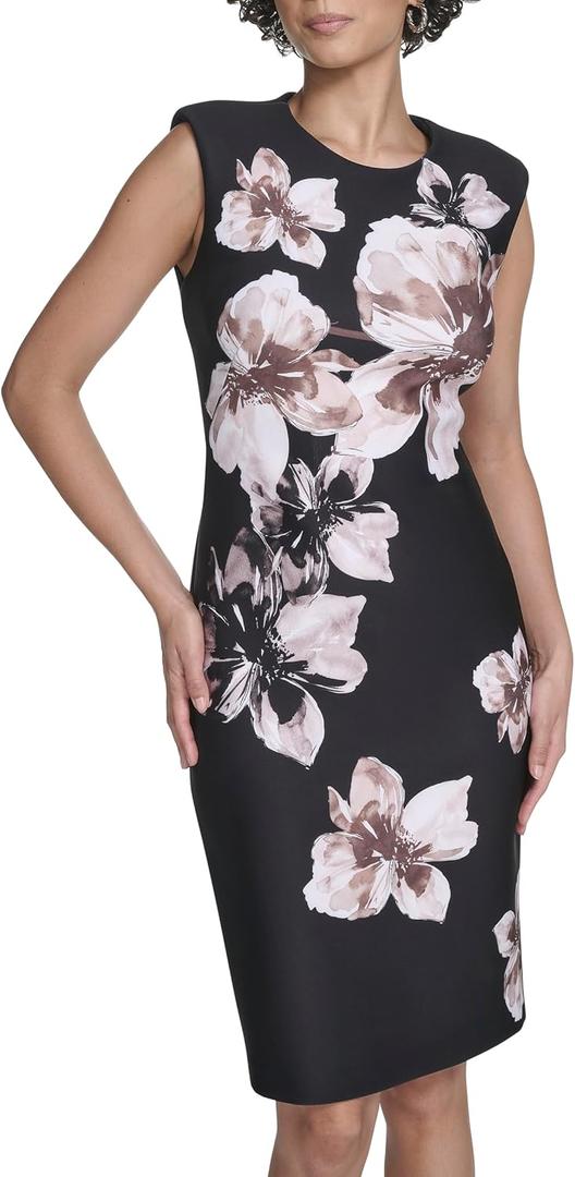 Calvin Klein Women's Cap Sleeve Knee Length Crepe Sheath Dress (6, Black/Luggage Multi)