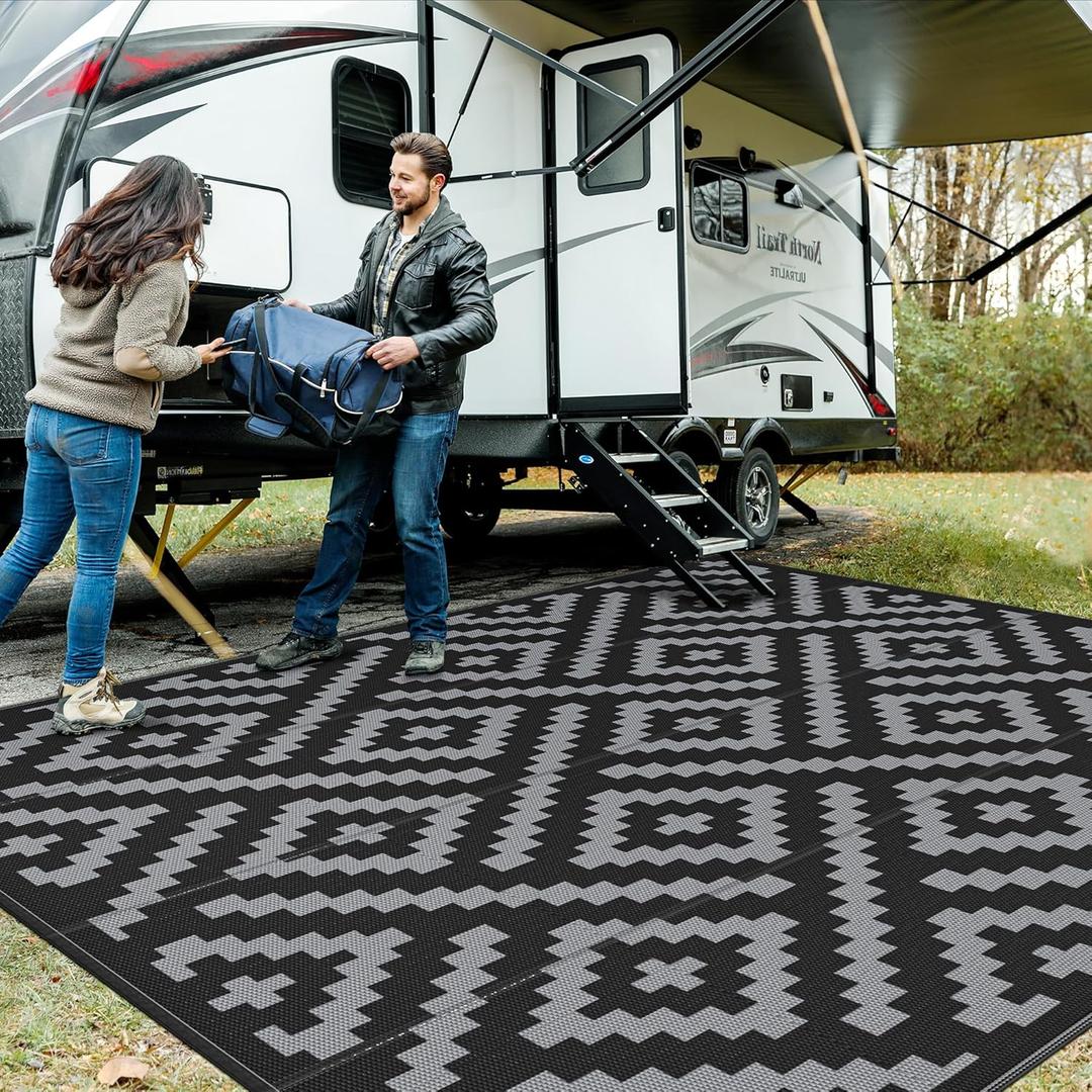 GENIMO Outdoor Rug Waterproof, 10' x 10' Reversible Plastic Straw Rug, Lightweight Large RV Camping Mat for Patio, Deck, Camper, Balcony, Backyard, Picnic, Black & Gray
