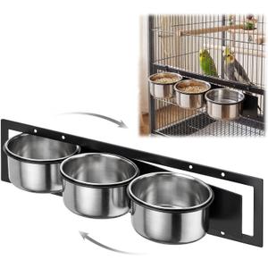 LemonRoad 3 Pcs Stainless Steel Bird Feeder Cups with Swing Gate, Rustproof Parrot Feeding Station (18.9" x 5.12") for Parrots, Cockatiels, Lovebirds, Easy to Install, Perfect for Large Bird Cages