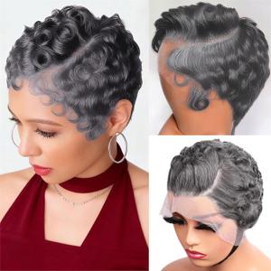 Dark Grey Curly Pixie Cut 13x4 Lace Front Wig 100% Human Hair Wigs, Dark Grey 13x4 HD Lace Frontal Wigs Short Layered Curly Wavy Glueless Wig Pre Plucked Deep Wave Pixie Cut Wigs for Black Women