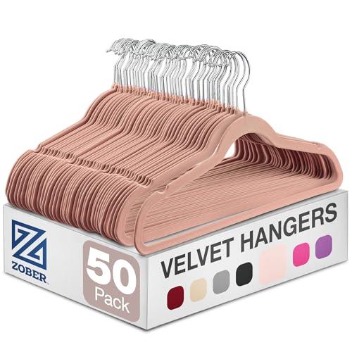 ZOBER Blush Velvet Hangers 50 Pack - Clothes Hangers, Coat Hanger for Pants & Dress Clothes - Non Slip w/ 360 Degree Swivel, Holds up to 10 lbs - Strong Felt Hanger for Clothing