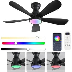 42 Inch Black Ceiling Fans with Lights and Remote/App Control, Flush Mount Ceiling Fan with RGB Dimmable Light, Noiseless Modern Small Ceiling Fan for Bedroom Indoor/Outdoor