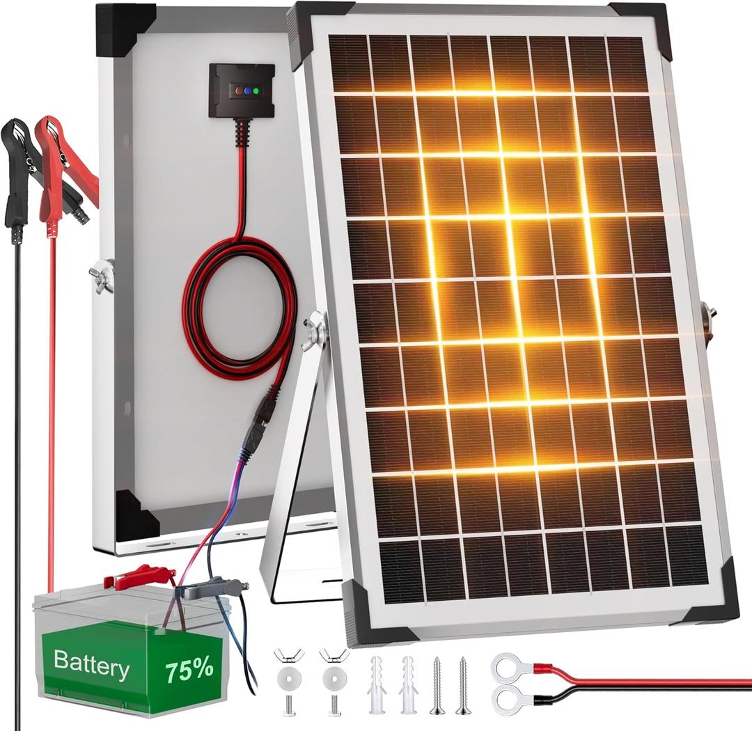 Voltset Solar Battery Trickle Charger: 10 Watt 12V Solar Panel Maintainer for Car Boat - Waterproof Monocrystalline Solar Charger with Controller for RV Marine Trailer Truck Motorcycle