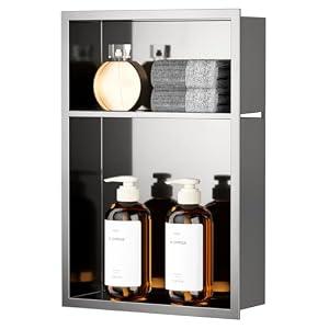 QAOYEDE Shower Niche Insert No Tile Needed, 18"x12" Stainless Steel Niche for Shower Wall, Recessed Shelf for Bathroom Storage 2 Layer,Brushed Nickel