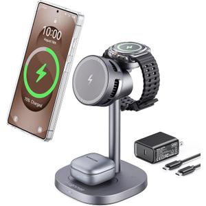 Magnetic Wireless Charger for Samsung, Fast 15W Certified 3 in 1 Charging Station TEC Cooling Compatible with Mag-Safe for Galaxy S26 Ultra/S25/Z Fold 7/Flip7, Samsung Watch Ultra/8/7,Galaxy Buds (Starry grey)