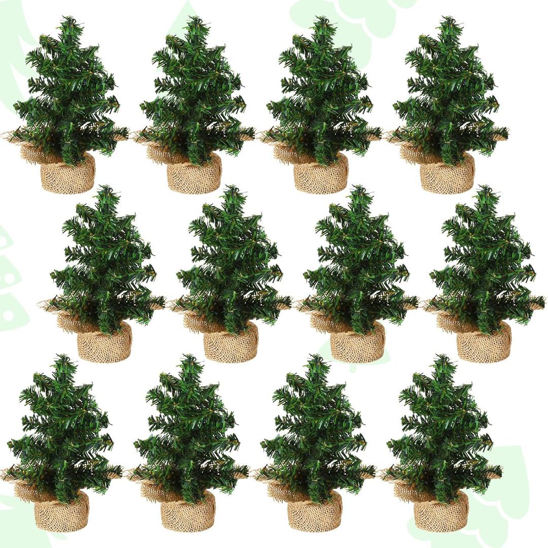 Yinder Tabletop 12 Pcs Mini Christmas Tree 7.87 Inch Artificial Mini Xmas Miniature Pine Christmas Tree with Linen Base for Xmas Holiday Decorations Indoor Home Kitchen Dining Table