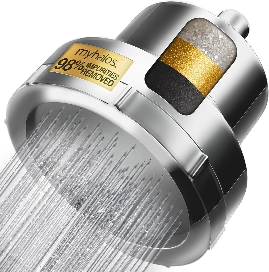 MyHalos Filtered Shower Head for Hard Water Filter - High Pressure, Removes Chlorine - Shower Head Filter for Hard Water Softener Showerhead, Easy Install, For Hair & Skin, Filtering (Chrome)