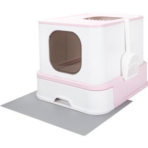 RIZZARI Enclosed Cat Litter Box with Lid, Large Foldable Litter Box with Litter Scoop, Top Entry Cat Toilet for Kittens and Big Cats (Pink,Stainless Steel, Large)