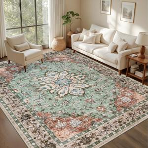 5x7 Area Rugs Living Room: Washable Rug for Bedroom Brown Green | Boho No Slip Stain Resistant Rug Soft Indoor Decor Floor Floral 5x7 Area Rugs for Dining Room, Nursery, Hallway, Home Office