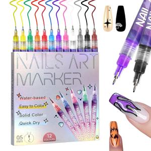 12 Color Nail Art Pens, 0.5 MM Nail Polish Pens Set Drawing Painting Point Liner Acrylic Painted Pen Kit, Waterproof and Quick-drying Nail for DIY Nails Art Design Manicure Tools