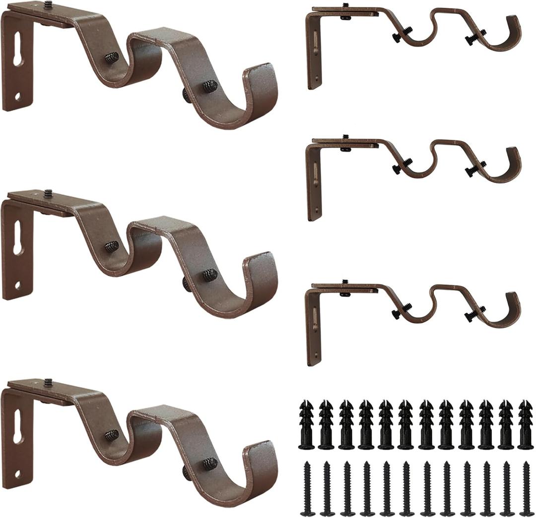Double Curtain Rod Brackets, Heavy Duty, Bronze, 6 Pcs, Fits 3/4 & 5/8 Inch Rods, Wall Mount