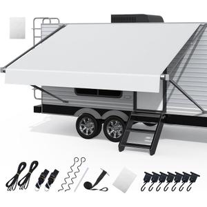 RV Awning Fabric Replacement, Upgraded 19oz Heavy Duty Material with Awning Tie Down Kits & 7 Hooks, Outdoor Vinyl Canopy for Trailer and Motorhome Awning- 10'(Fabric 9'2"), White