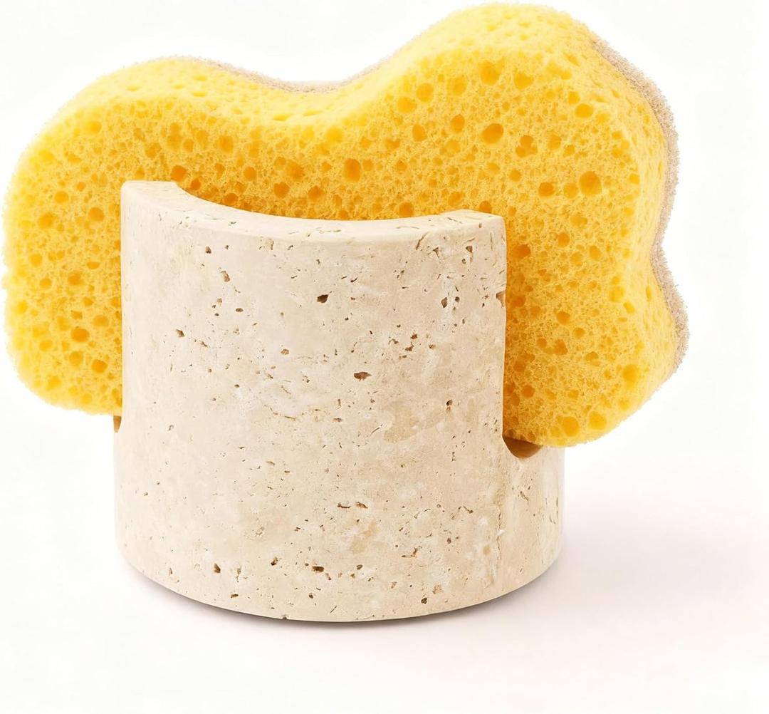 Natural Travertine Sponge Holder & Drying Rack for Kitchen Sink Non-Slip Grip Fast-Absorbing Stone Sponge Caddy Organizer Sturdy Bathroom or Kitchen Counter Accessory Beige