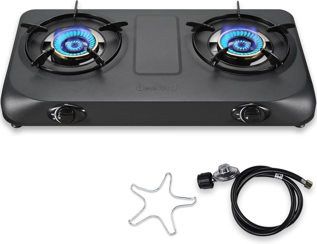 Propane Stove 2 Burner Gas Stove Top, 27200 BTU High-Efficiency LPG Metal Cooktop With Auto Ignition, CSA Regulator and Hose, Perfect for Outdoor Kitchen, Camping, RV & Emergency Cooking