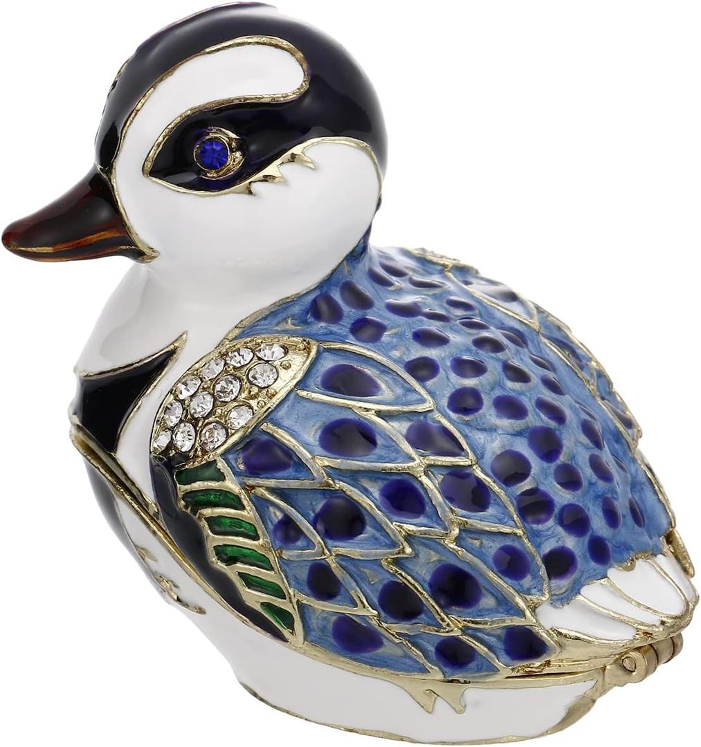 Hand Painted Enamel Duck Trinket Box for Home Decor, Hinged Jewelry Organizer for Ring Earrings, Unique Figurine Keepsake Collectible Personalized Elegant Handmade Ornament Gifts (Blue Cartoon Duck)