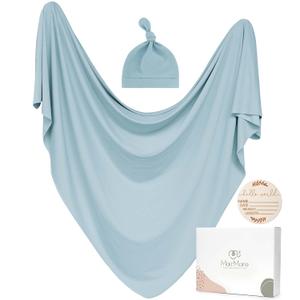 Baby Swaddle Receiving Blankets with Matching Beanie Set Newborn Nursery Swaddle Wrap for Baby Girls and Boys (Blue)