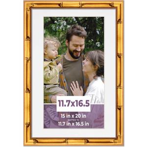 A3 11.7x16.5 Frame Gold Bamboo with White Picture Mat for 11.7x16.5 Photo - Gold Bamboo 15x20 Frame to Display Print or Poster Measuring 11.7x16.5 Inches with White Photo Mat