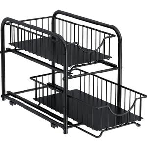 AIYAKA Pull-out Cabinet Organizer, Stackable 2-tier Under Sink Rack, with Sliding Storage Drawer for Pantry, and Desktop, for Bathroom, Kitchen, Office, Black