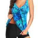 Yonique Women 2 Piece Flowy Tankini Swimsuits with Boyshorts V Neck Swim Tank Tops Bathing Suits Modest Swimwear Blue Green Leave L