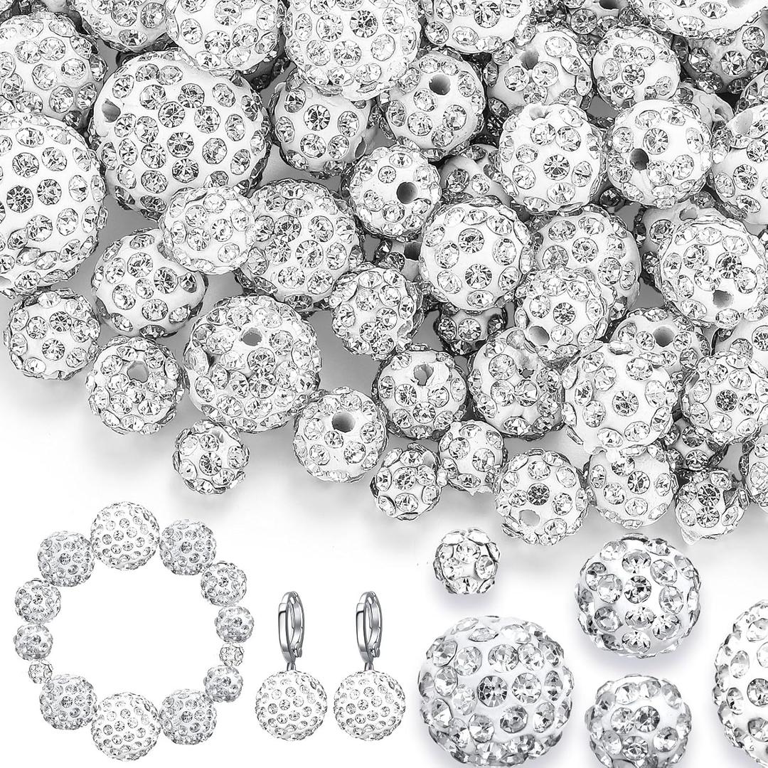 Remuuly 150 Pcs Rhinestones Beads for Jewelry Making, 16mm, 12mm, 10mm, 8mm, 6mm White Clay Beads Polymer Crystal Round Pave Disco Ball Diamond Clay for Necklace Earring Crafting