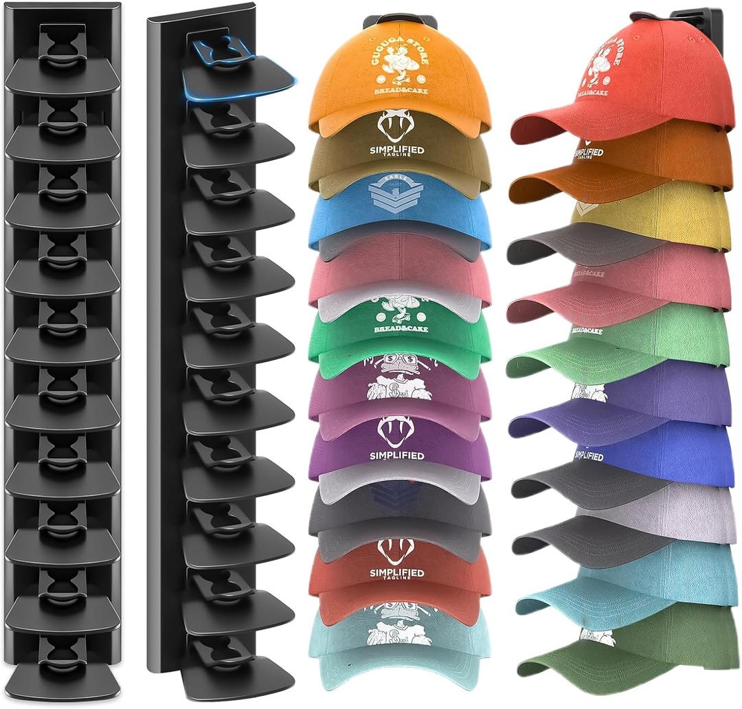hat rack, one package includes two hat racks, capable of holding up to 40 baseball caps total, featuring a simple structure, easy installation, and premium quality (Black).